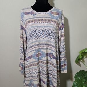 Coldwater Creek Cream Knit Top with Subtle Blue & Pink Motifs